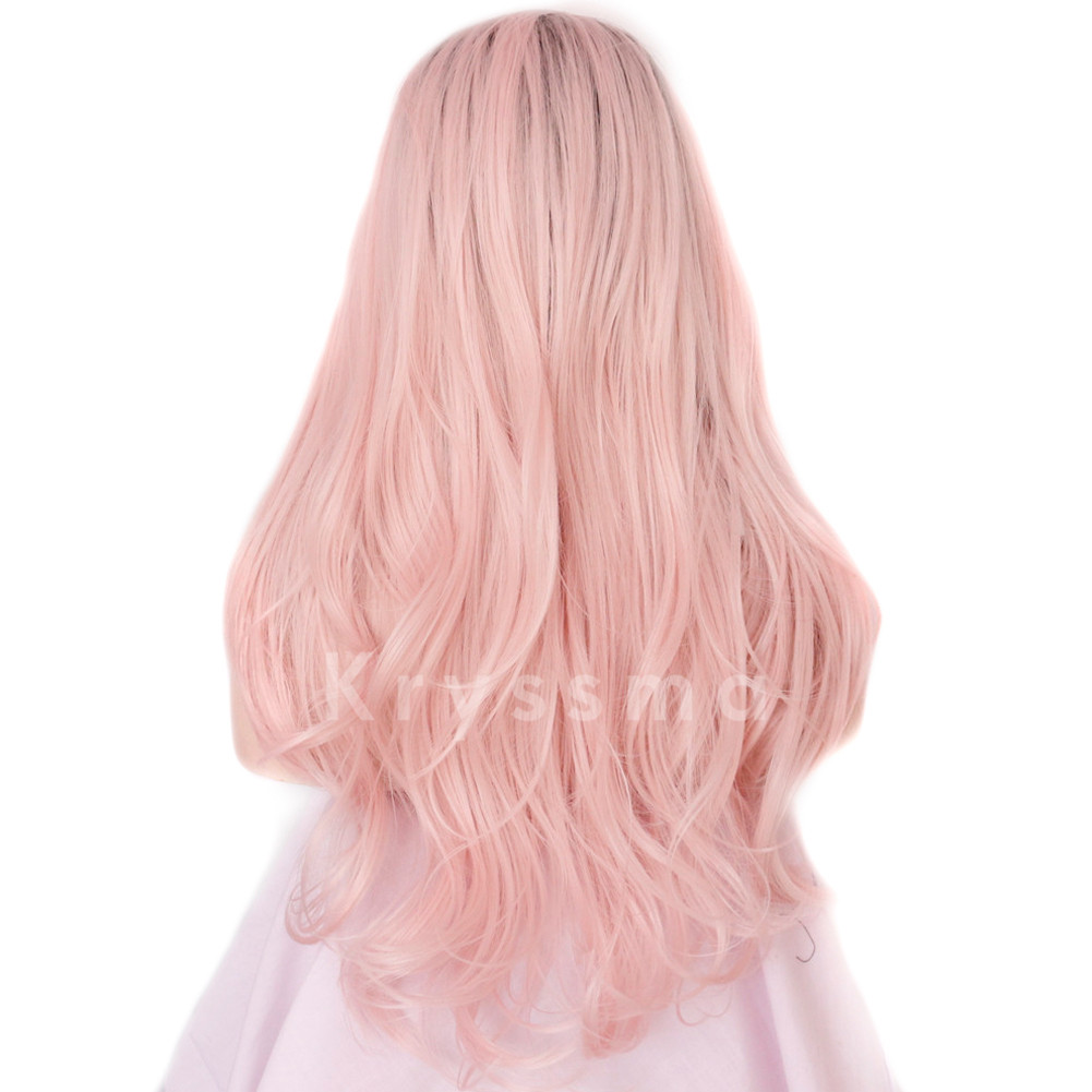 Long Double Colors Pink Grey Straight Synthetic Lace Front Wig