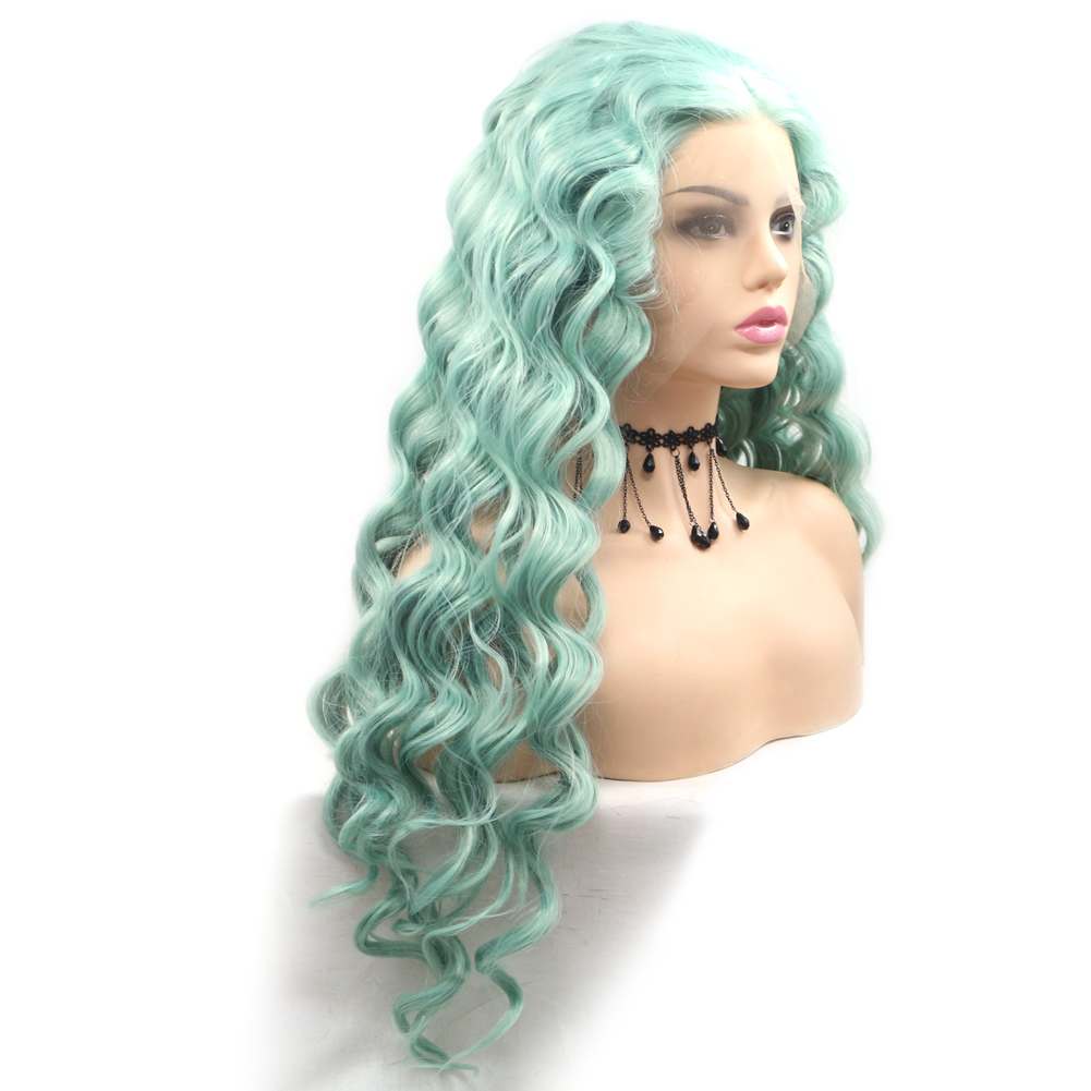 Long Big Wave Light Mint Green Synthetic Lace Front Wig